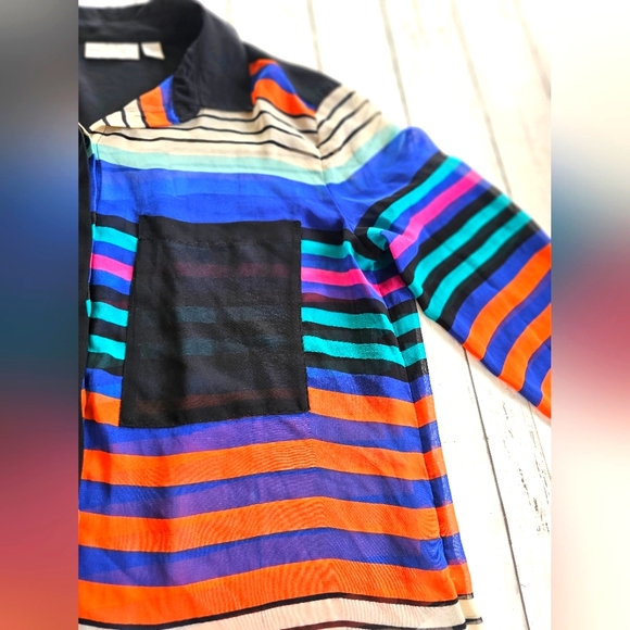 Bisou Bisou Bold Bright Colorful Striped Chiffon Sheer Button up Blouse Top - Picture 10 of 13